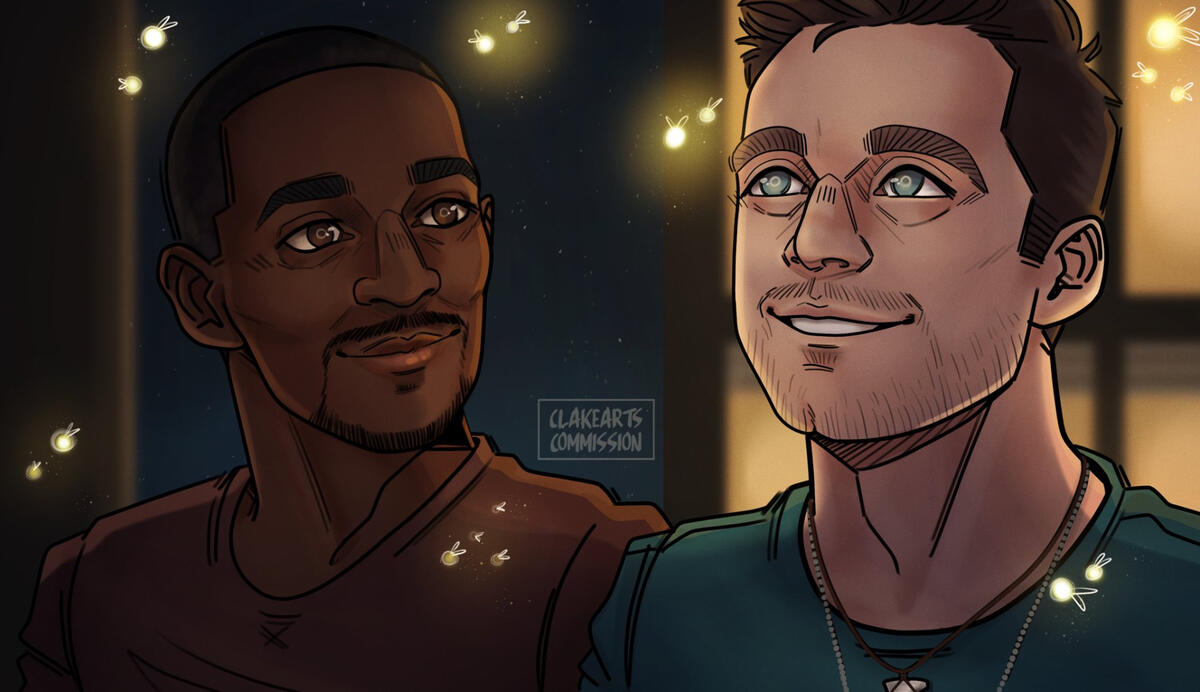 bucky looking at fireflies at night smiling, and sam is looking at bucky smiling